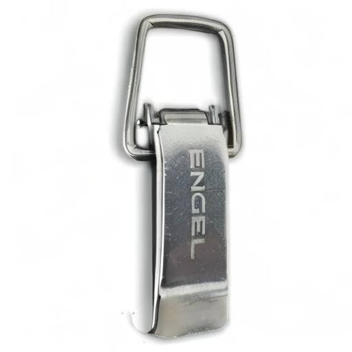 Stainless steel latch with engraved Engel text and arched pull