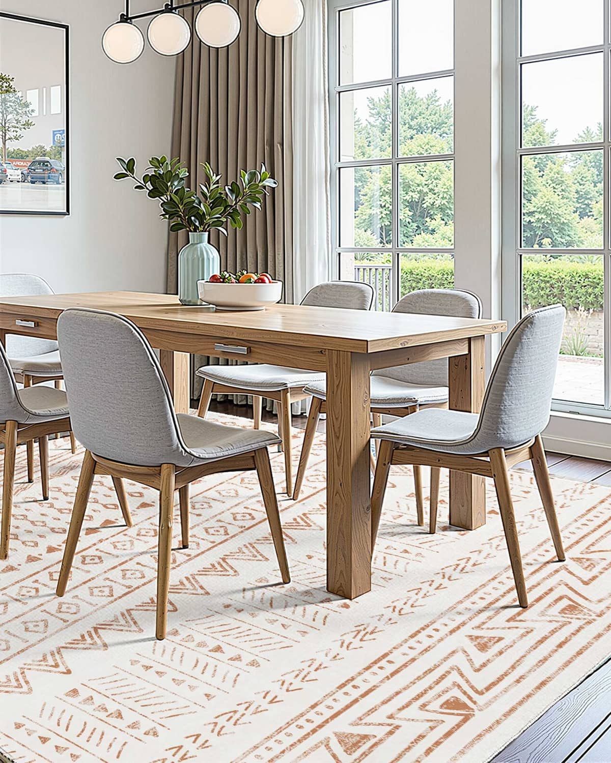 Beige geometric area rug beneath dining table, repeating orange linework