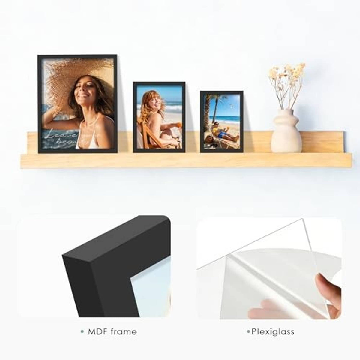 Black collage photo frames on a shelf, mixed sizes for multiple pictures