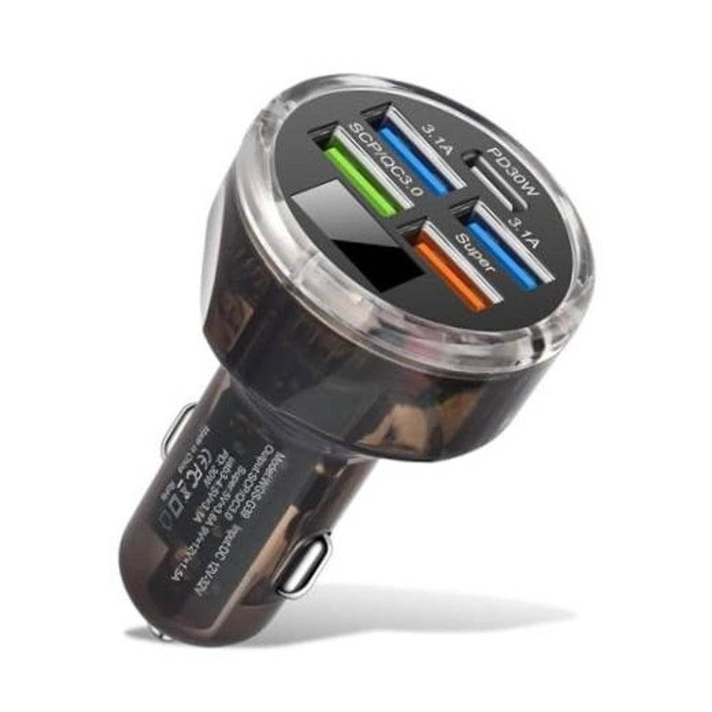 Black car USB-C charger adapter with clear top and five colored USB ports