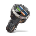 Black car USB-C charger adapter with clear top and five colored USB ports