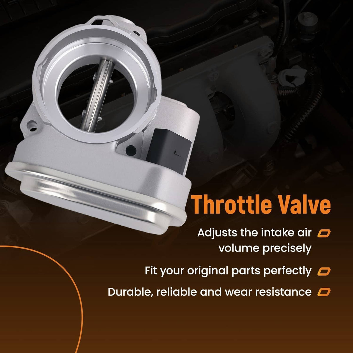 Silver throttle valve housing with circular bore and black electrical connector