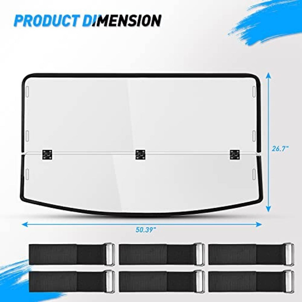 Clear fold-down windshield panel with black frame and three central latch points