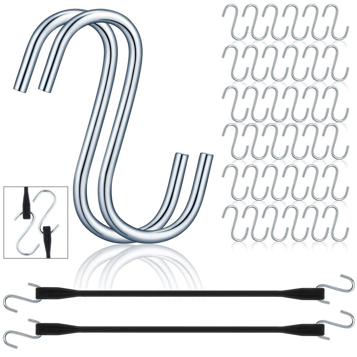 Light blue spring steel S hooks with bungee cord loops, bulk set