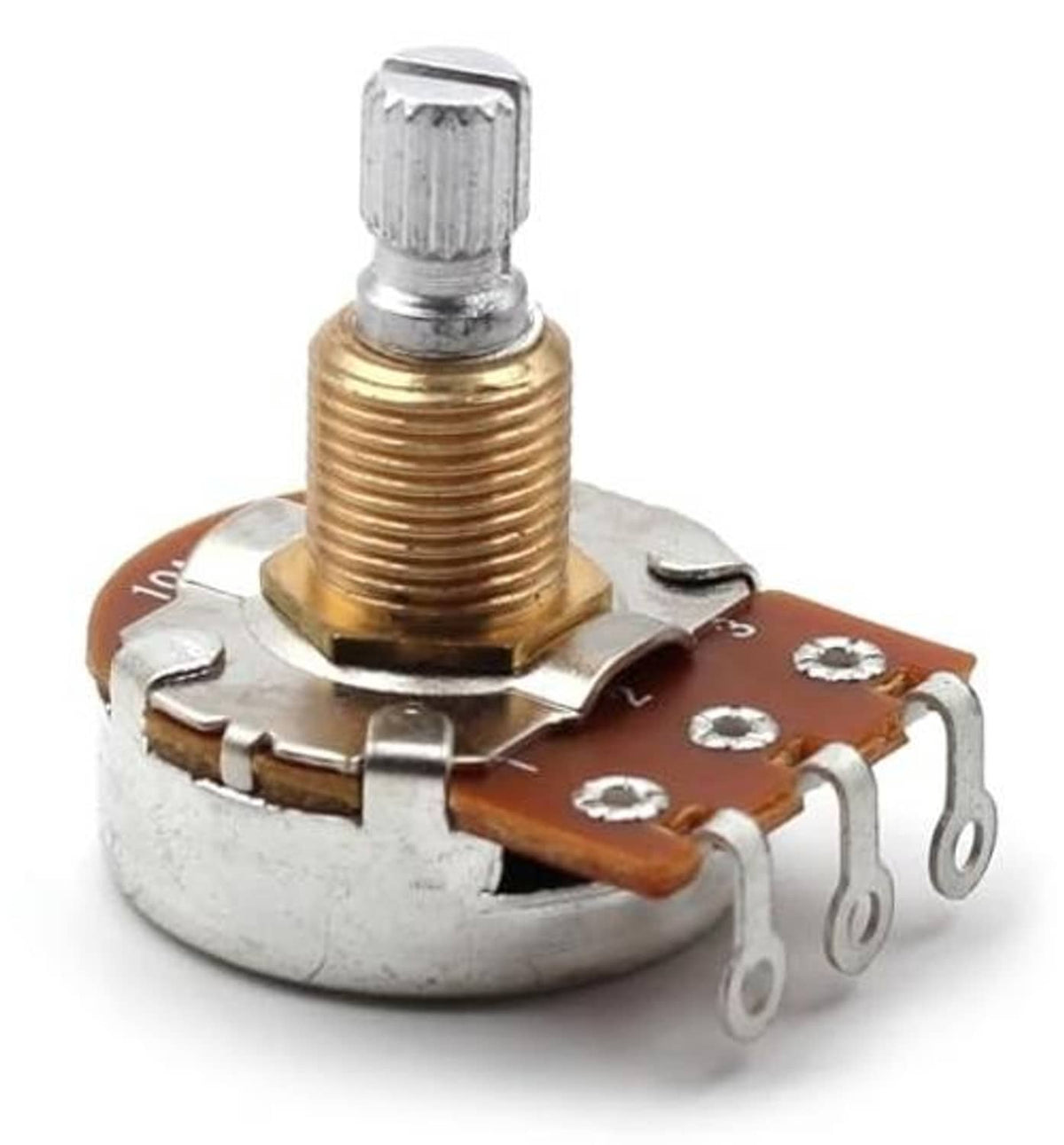 Potentiometer with threaded gold bushing and short split shaft on metal and orange body.