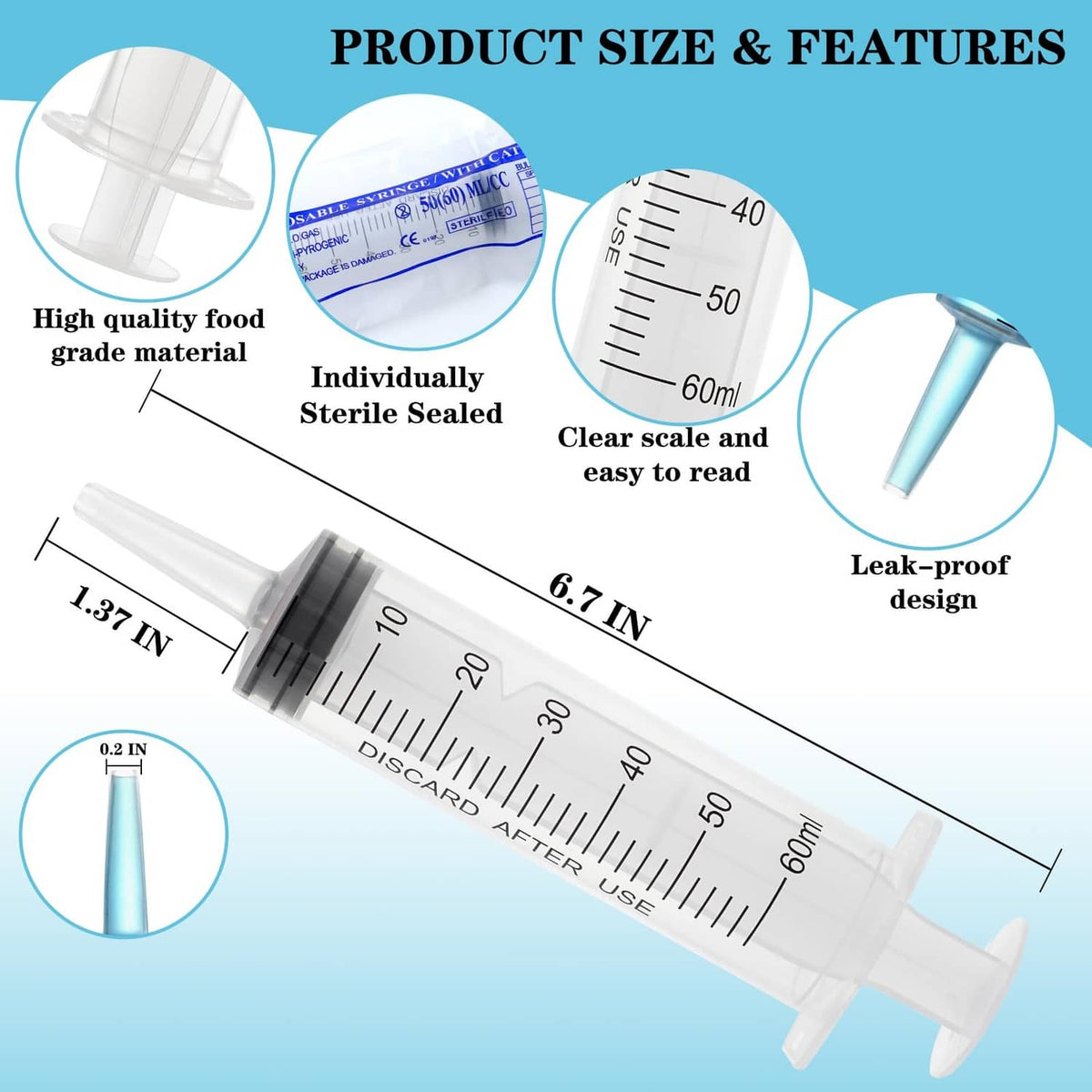 60 ml plastic syringe with cap, clear barrel, black collar and graduation marks