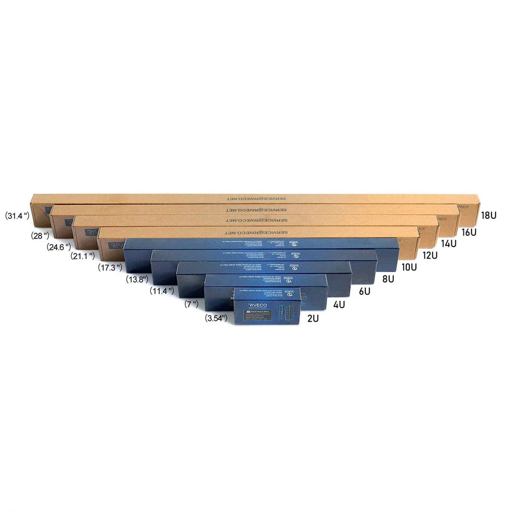 Black rack rail set with U-size markings, rails shown laid on a box packaging