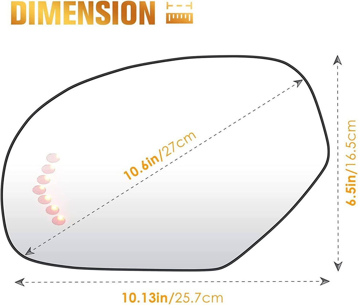 Heated side mirror glass size diagram with red LED turn-signal dots (left)