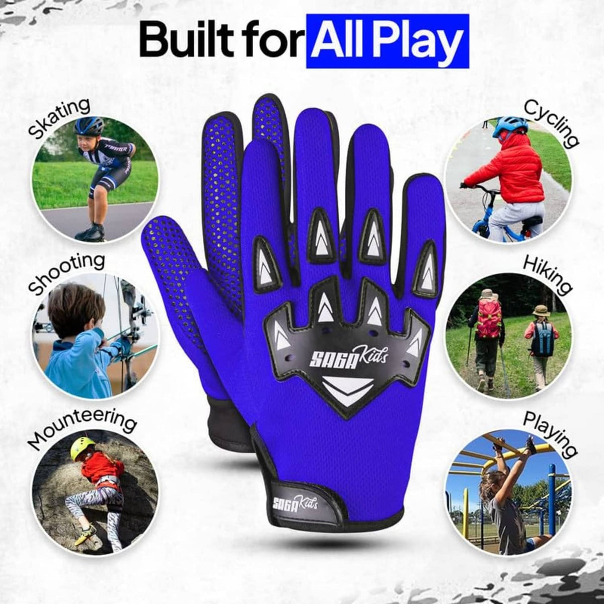 Blue youth multi-sport gloves with silicone-dotted palm and knuckle protection