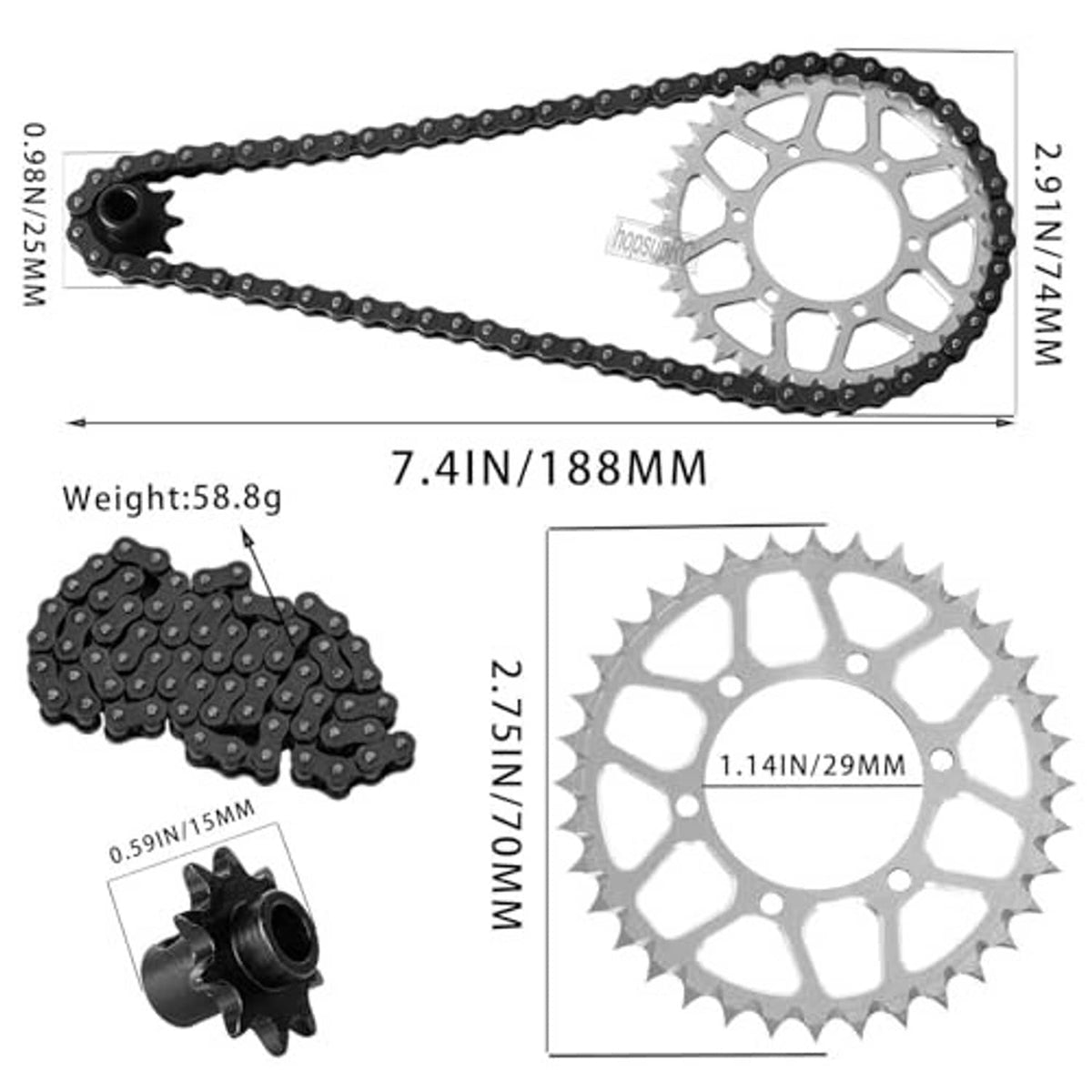 Chain and 36T sprocket kit with black roller chain and silver gear, with specs