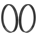 Two black rubber bandsaw pulley tires stacked together, ridged belt teeth along sides