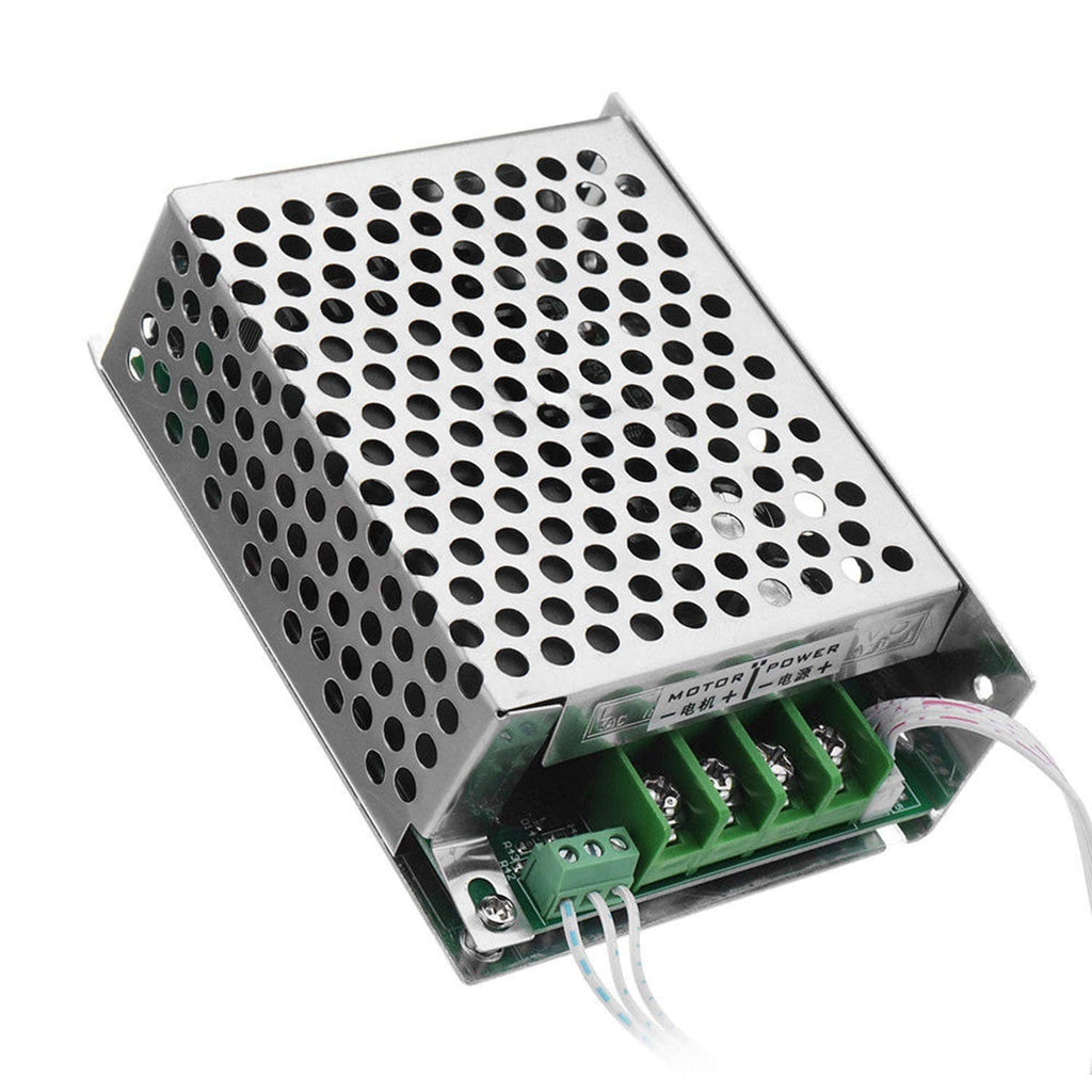 DC motor speed controller with ventilated metal case and green screw terminals, angled view