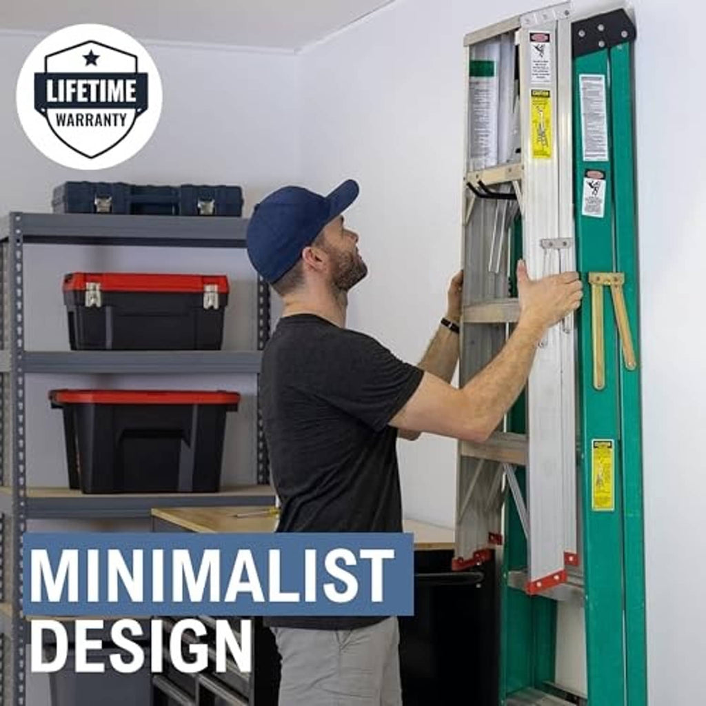 Wall-mounted ladder storage hook holding ladders with a double-arm black bracket.