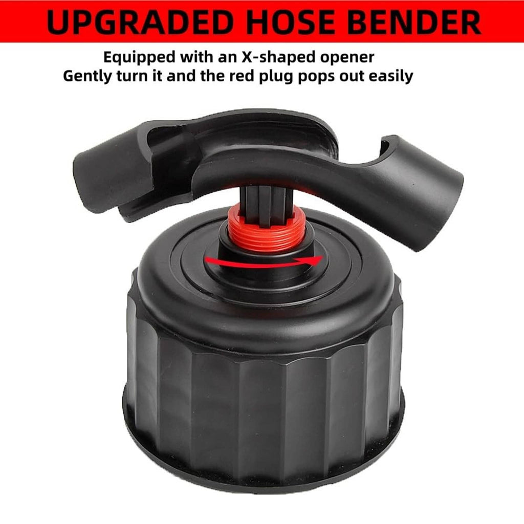 Fuel hose bender opening cap with black housing and red threaded insert, x-shaped opener.