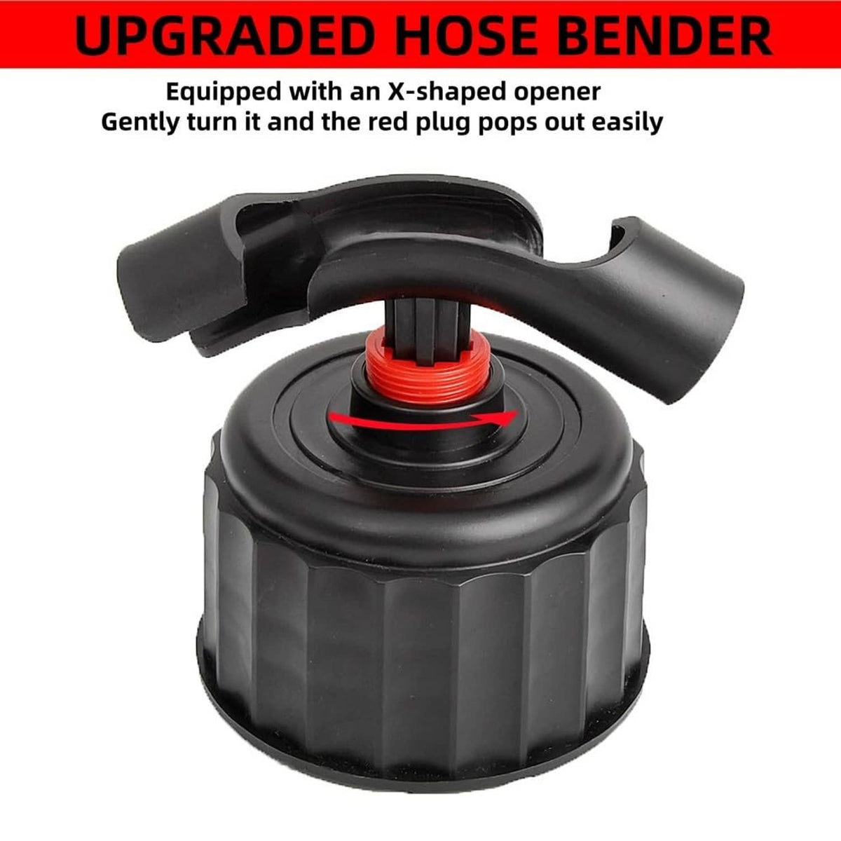 Fuel hose bender opening cap with black housing and red threaded insert, x-shaped opener.