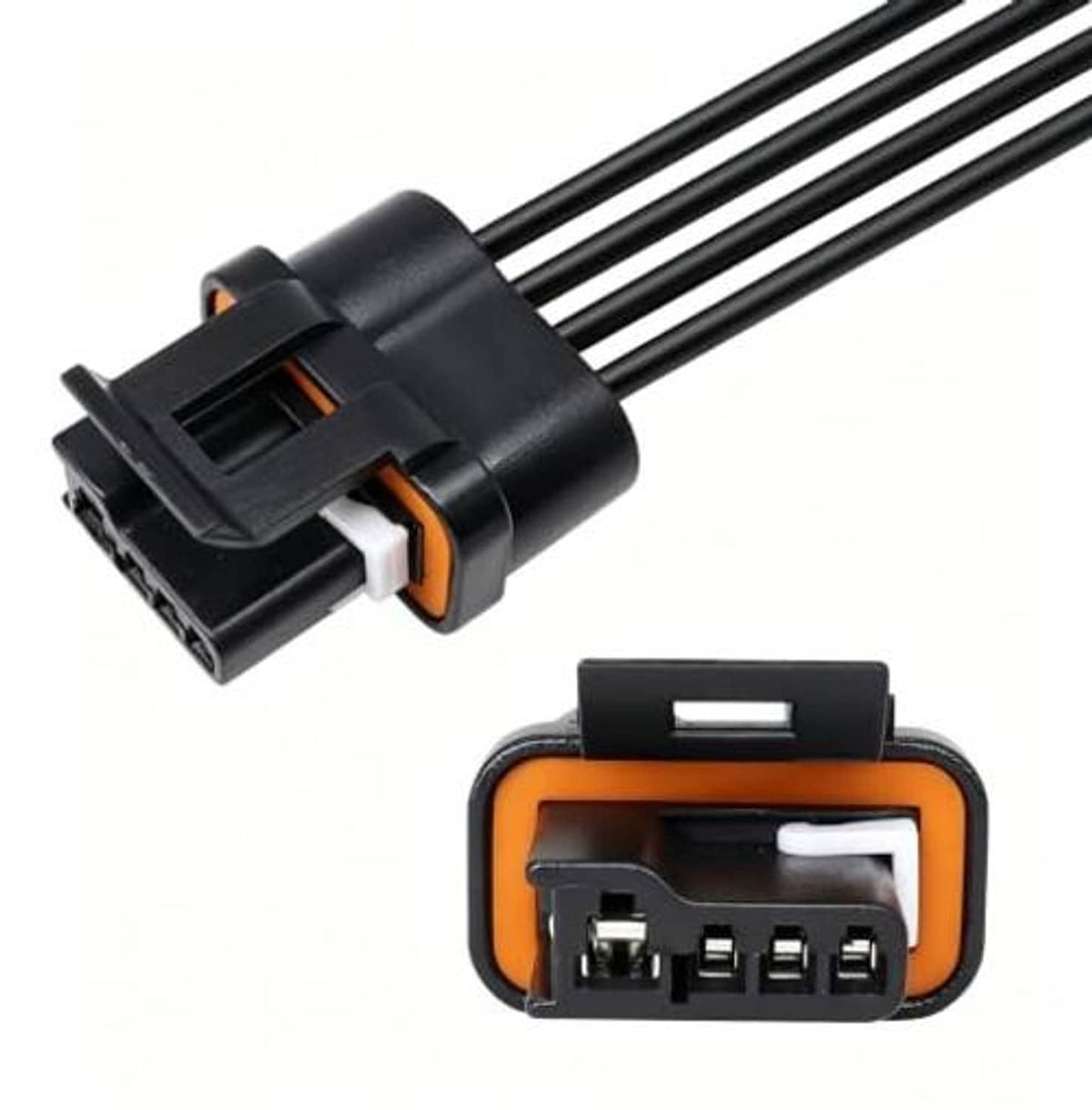 Voltage regulator connector plug harness showing black plug, orange inner seal, and terminal pins