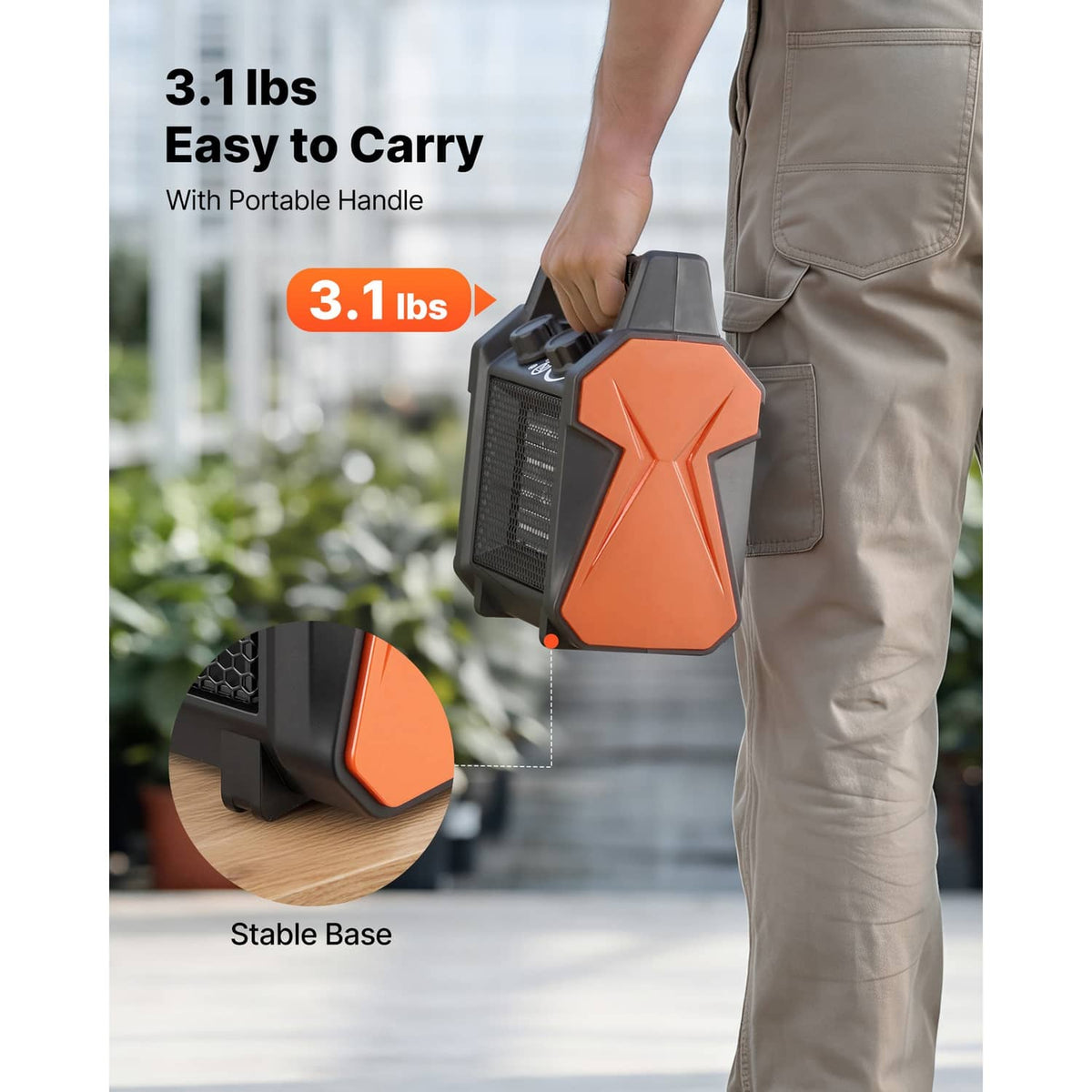 Electric greenhouse heater with carry handle and stable base, orange and black compact design