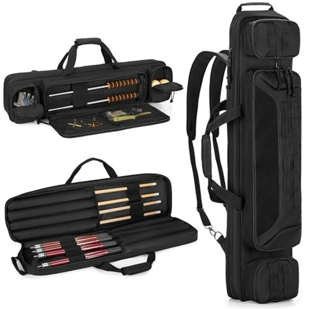 Black cue case backpack upright with shoulder straps and open interior cue holders
