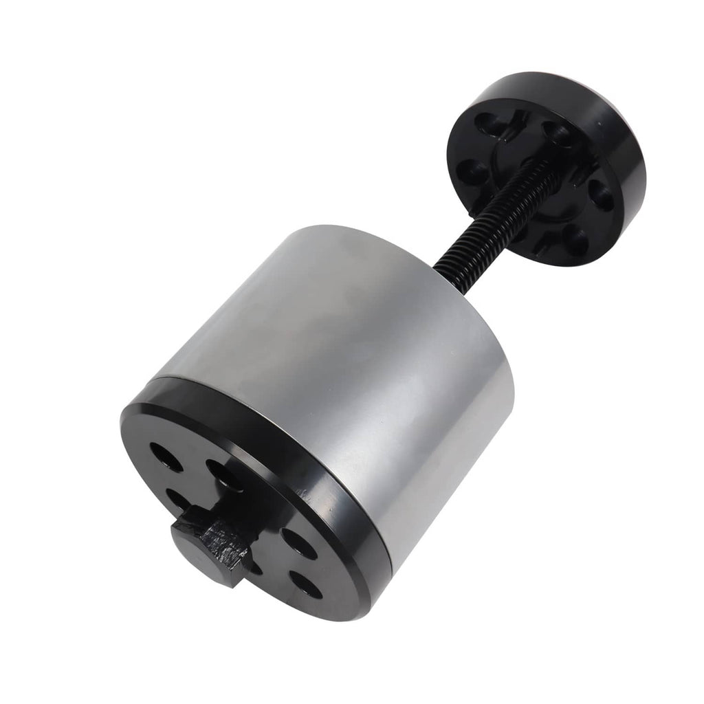 Bushing installation tool with silver sleeve, black end plate, and threaded rod
