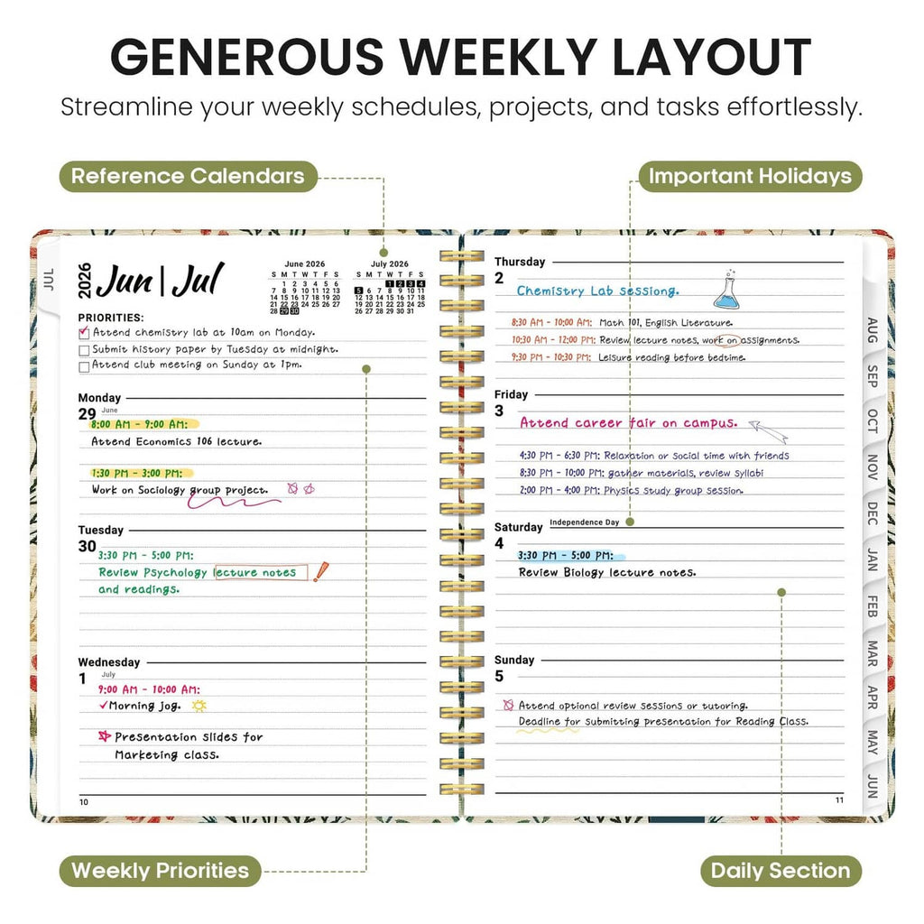 Taja Planner 2026-2027 open weekly layout with weekly priorities and daily sections