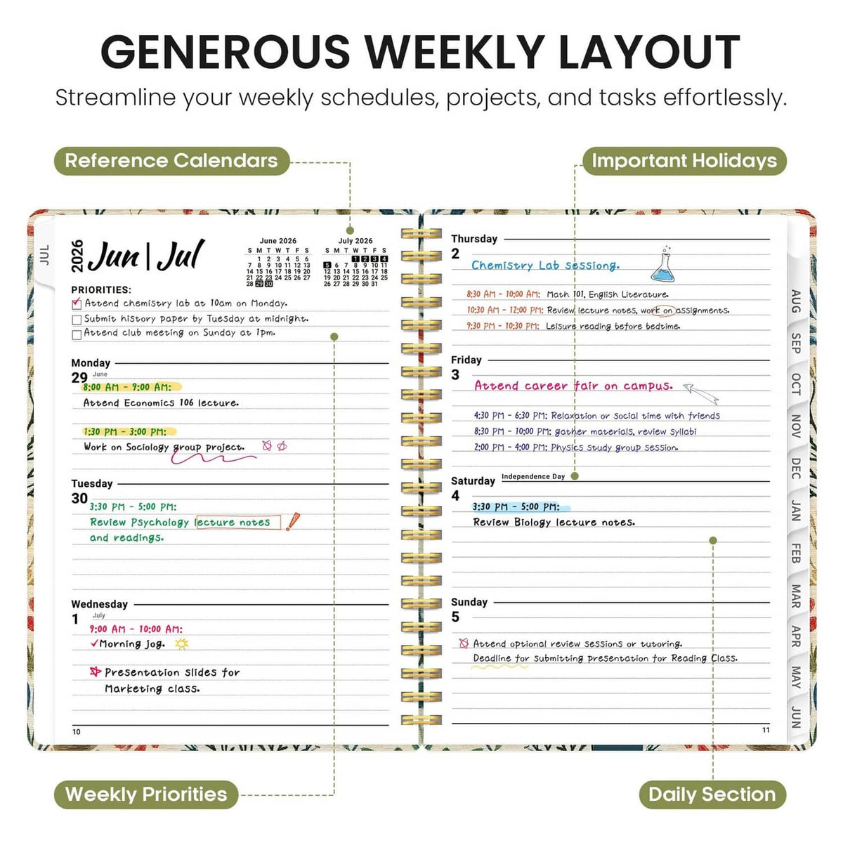Taja Planner 2026-2027 open weekly layout with weekly priorities and daily sections
