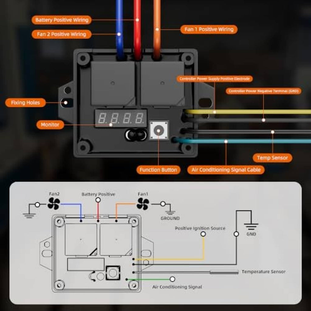 Digital radiator fan controller control box with LED display, temp sensor lead, and wiring terminals