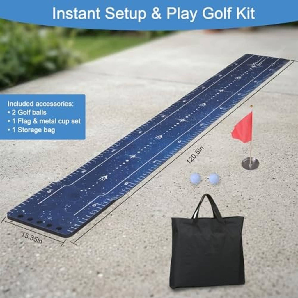 Blue golf putting mat kit with red flag, two balls, metal cup set, and storage bag