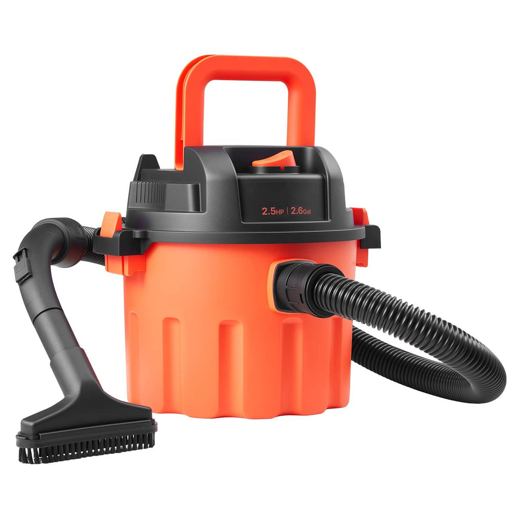 Orange and black shop vacuum with two hoses and floor brush nozzle attached