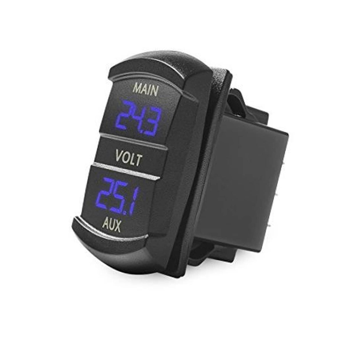 Black rocker-style dual voltmeter with blue LED MAIN and AUX volt readings