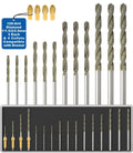 Diamond drill bit set with silver shanks and gray diamond-coated tips in a storage tray