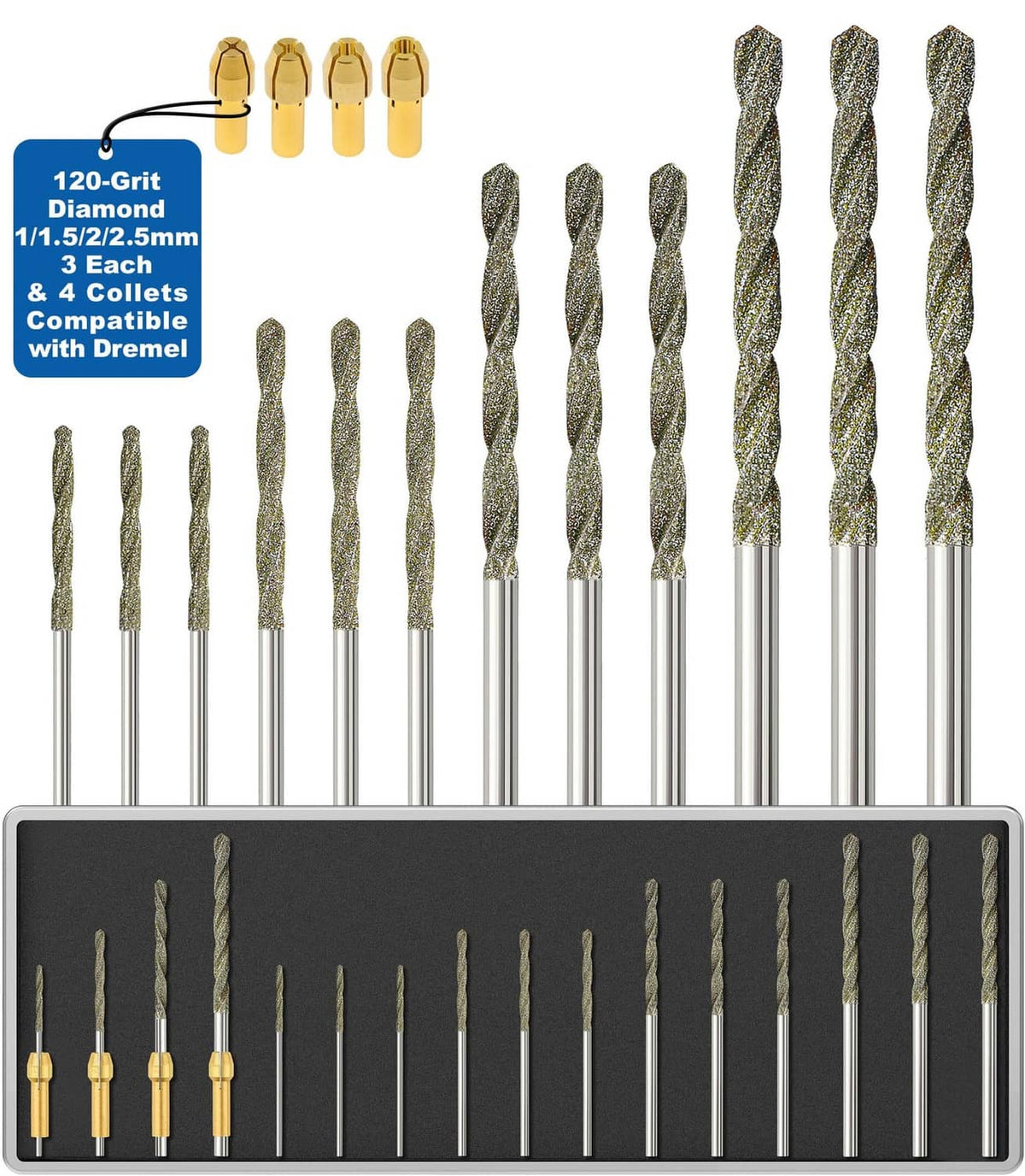 Diamond drill bit set with silver shanks and gray diamond-coated tips in a storage tray