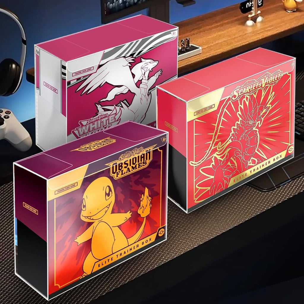 Elite Trainer Box retail boxes stacked together with colorful game artwork