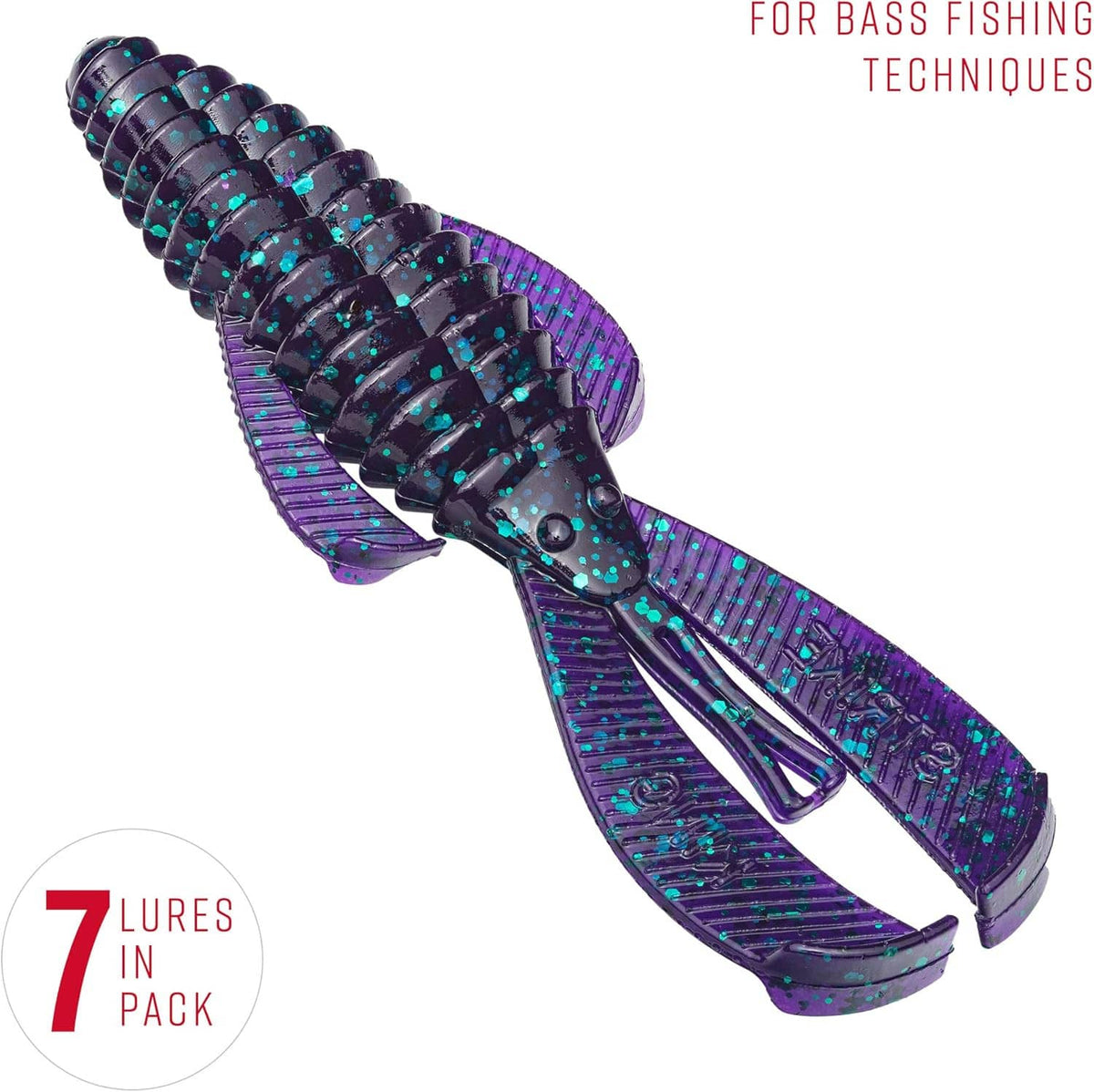 Overhead view of purple-blue junebug soft plastic craw bait lure
