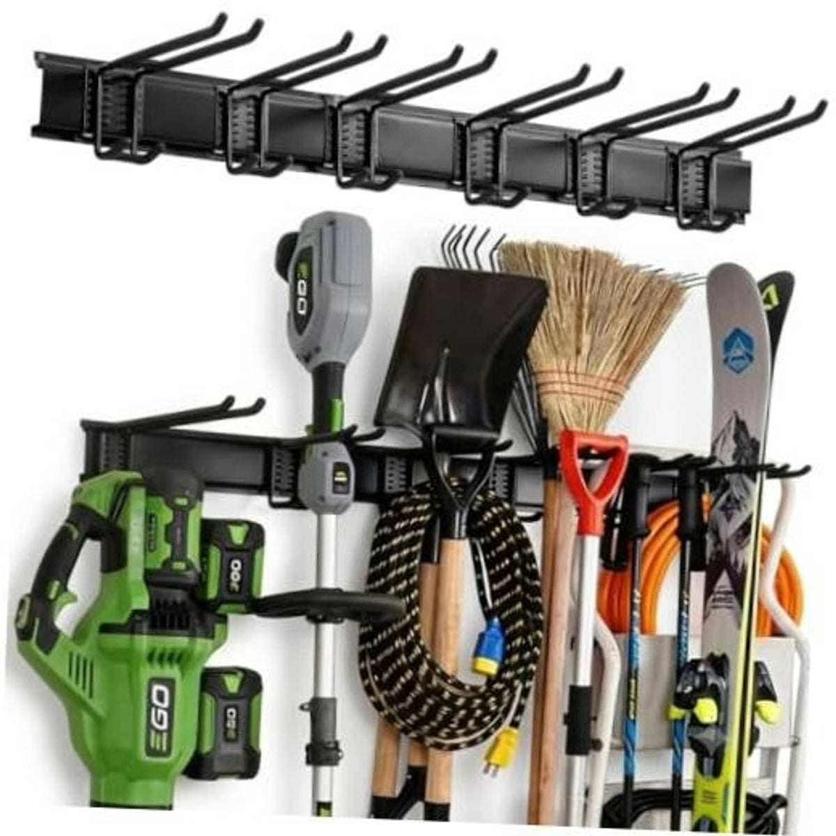 Black wall-mount tool organizer rail with dual hooks holding garden tools and brushes