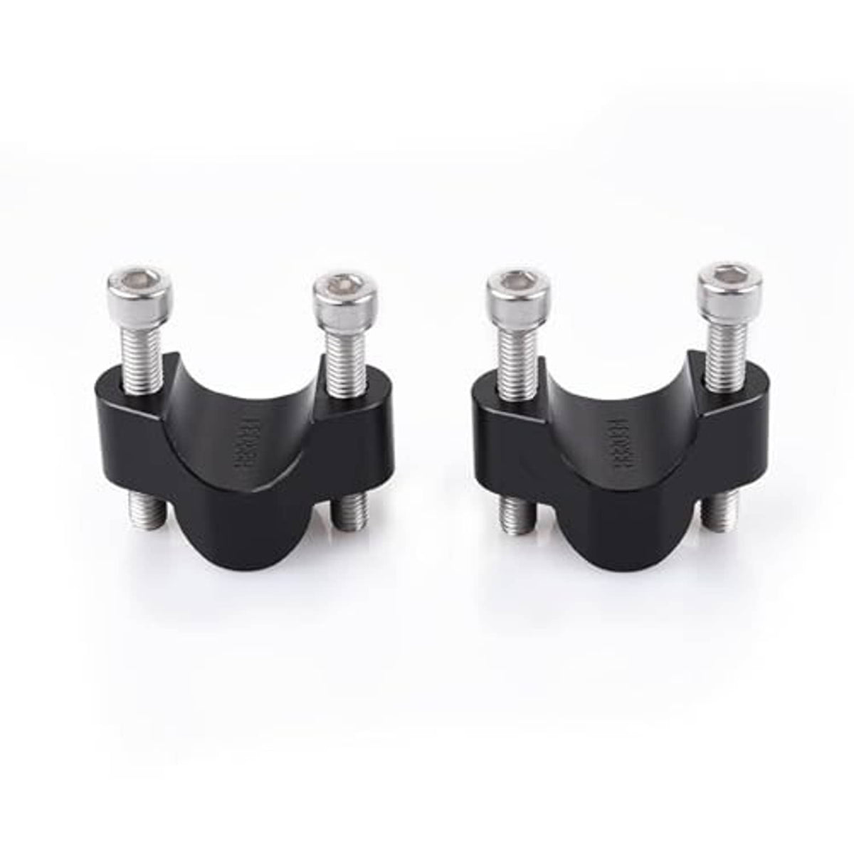 Black handlebar riser clamps, two matching U-brackets with four threaded studs