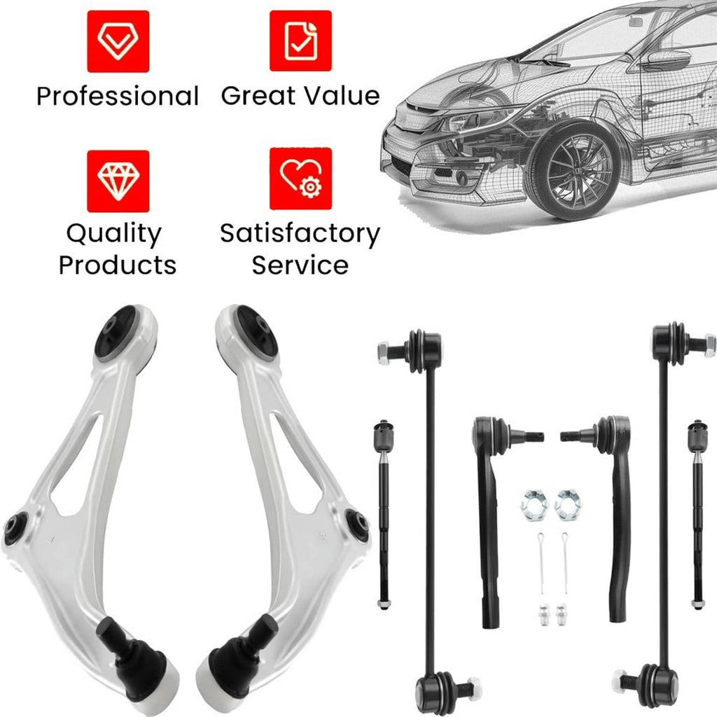 Front suspension control arm components: white arms, black links, and mounting hardware