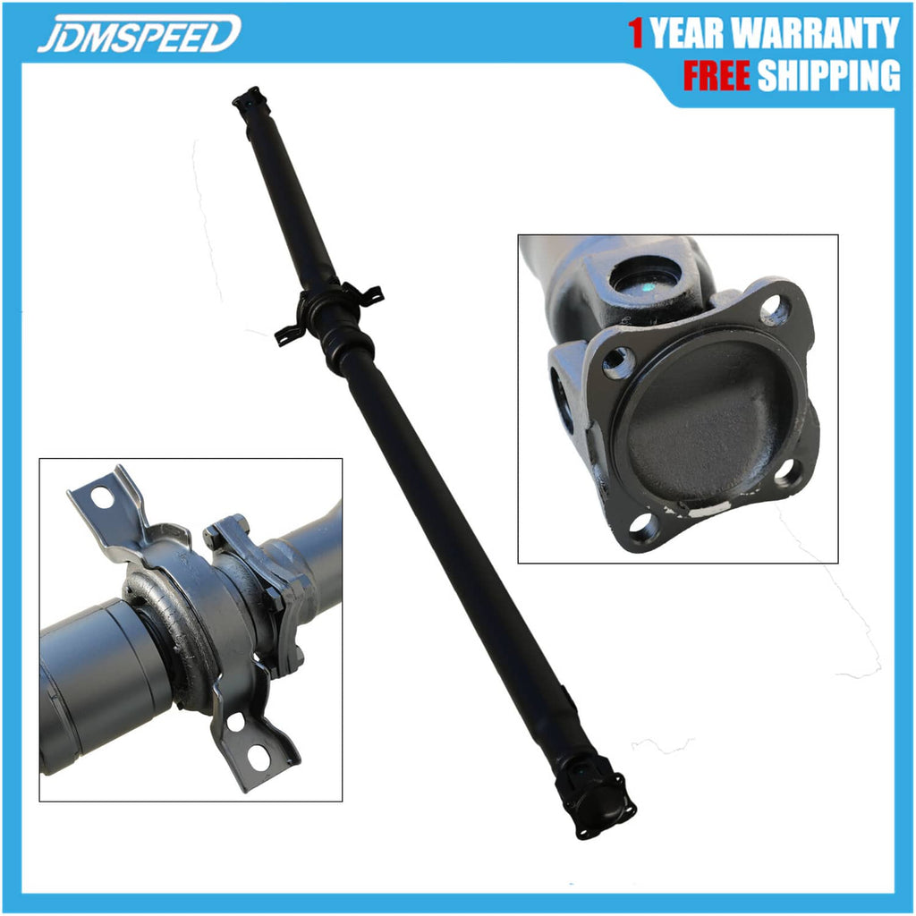 Rear driveshaft prop shaft with black tube and metal mounting yoke, rubber joint detail