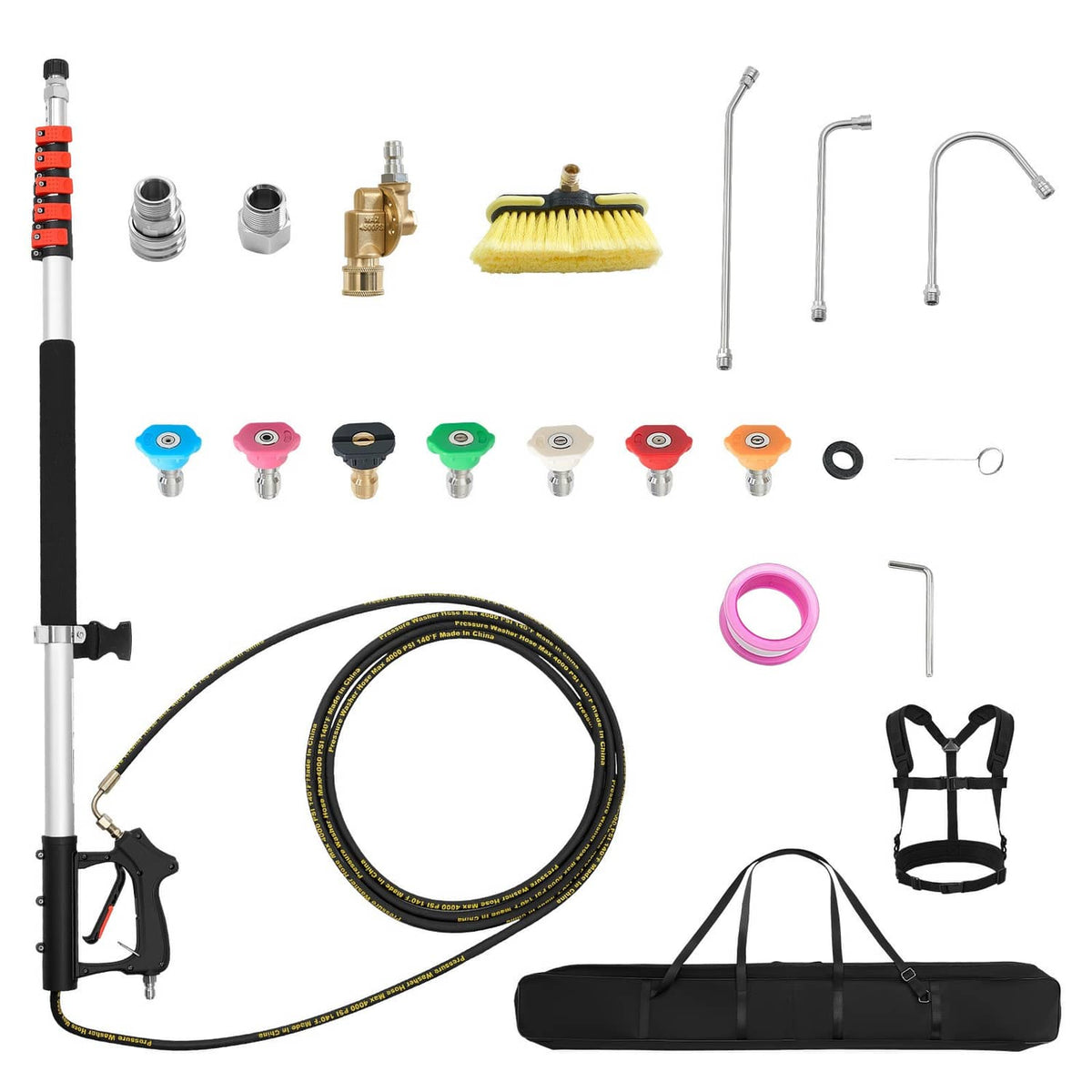 Telescoping pressure washer wand kit with 7 spray nozzles, hose, harness, and bag