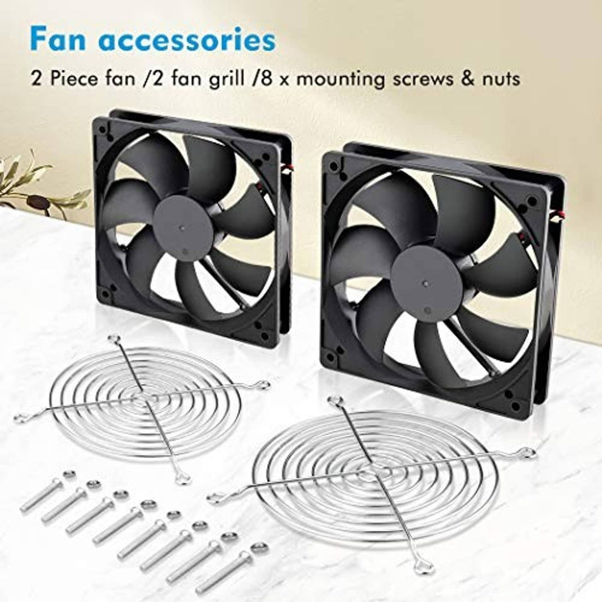 Two black 120mm cooling fans with grilles, 2-pin connectors, screws and nuts kit
