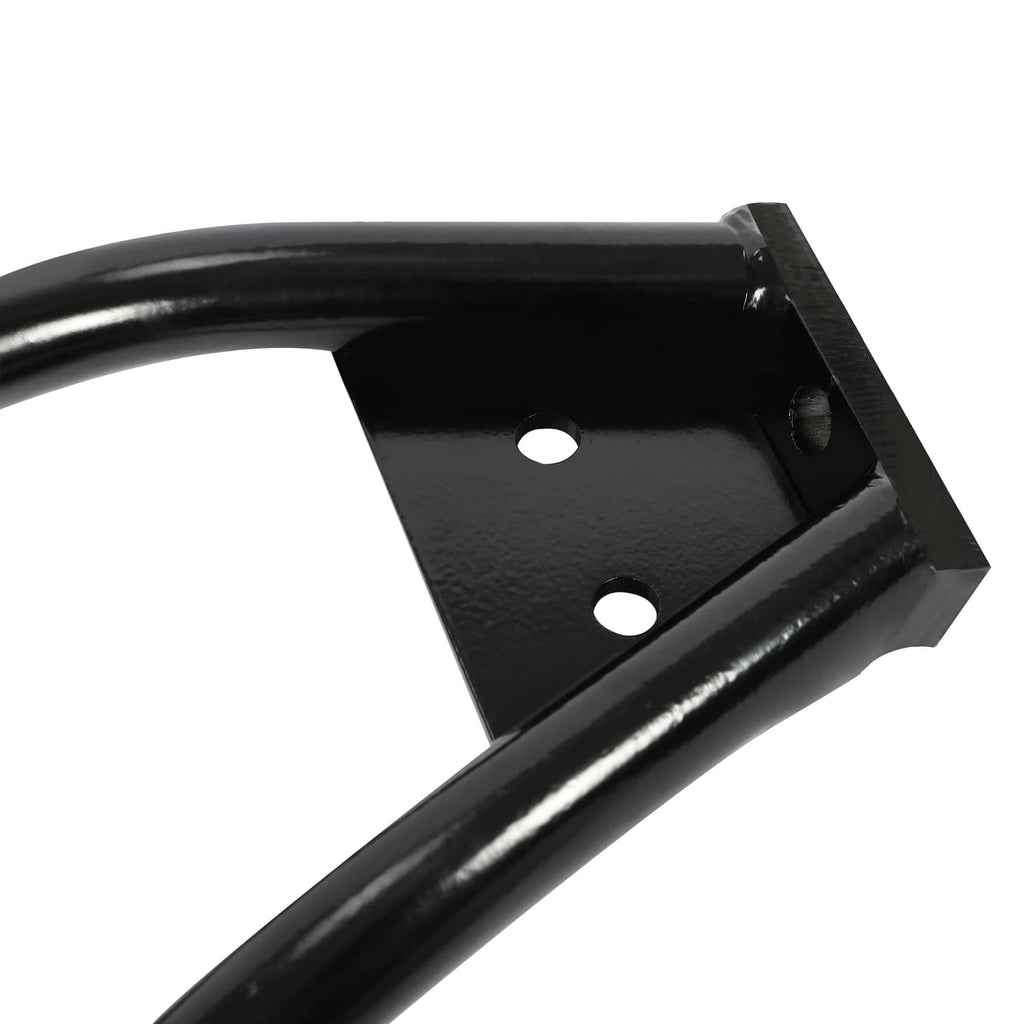 Black suspension bracket with mounting plate and curved metal arm support