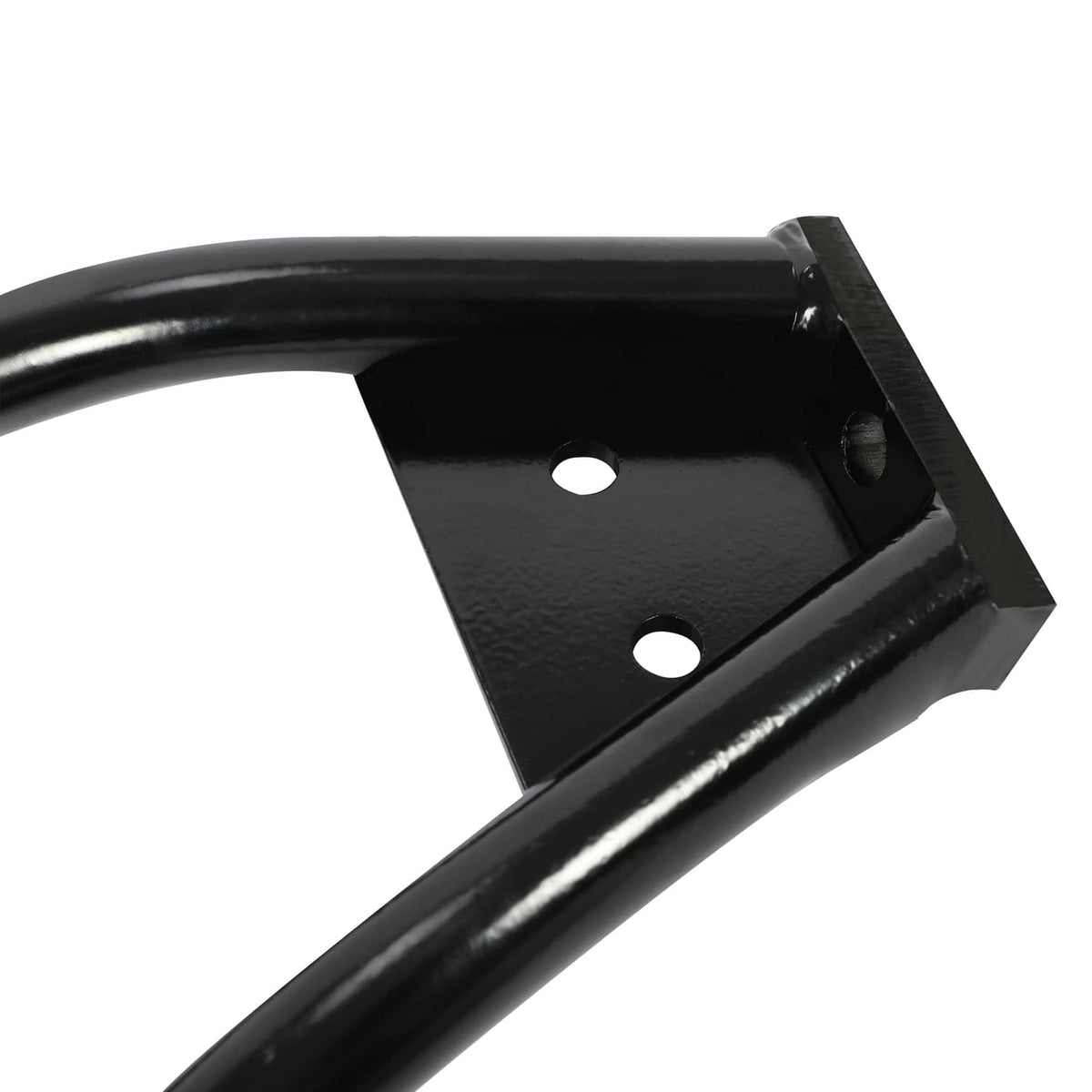 Black suspension bracket with mounting plate and curved metal arm support