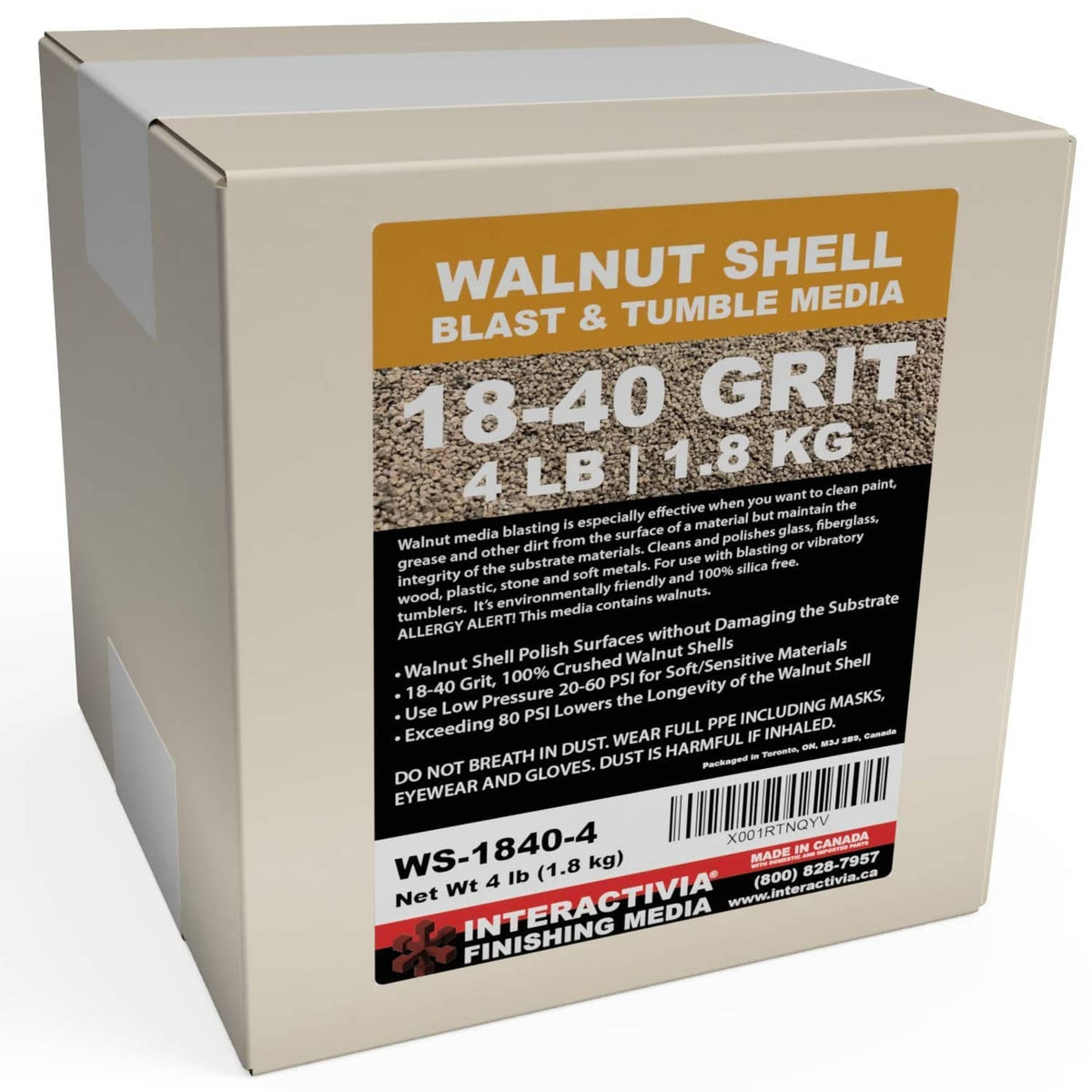 4 lb walnut shell blast and tumble media, 18–40 grit, packaged box