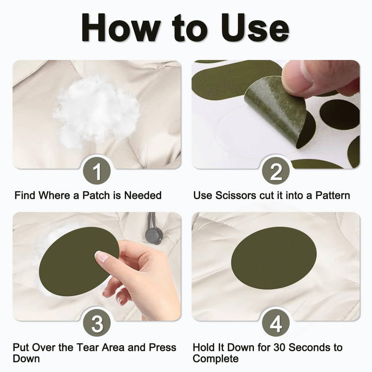 Pre-cut army green down jacket repair patches shown on puffer fabric for pressing