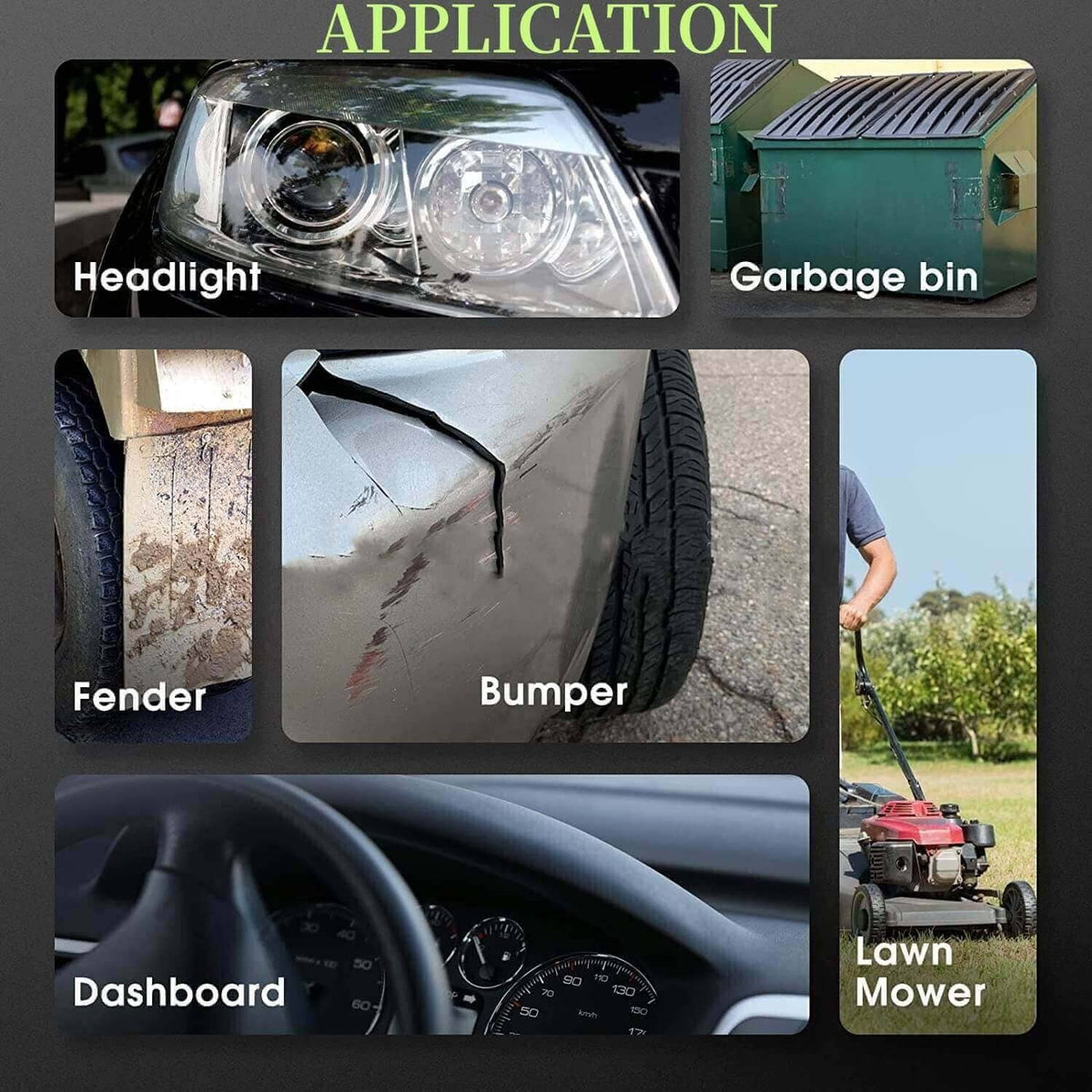 Plastic welding kit application graphic with staples and handheld welding tool on vehicle parts