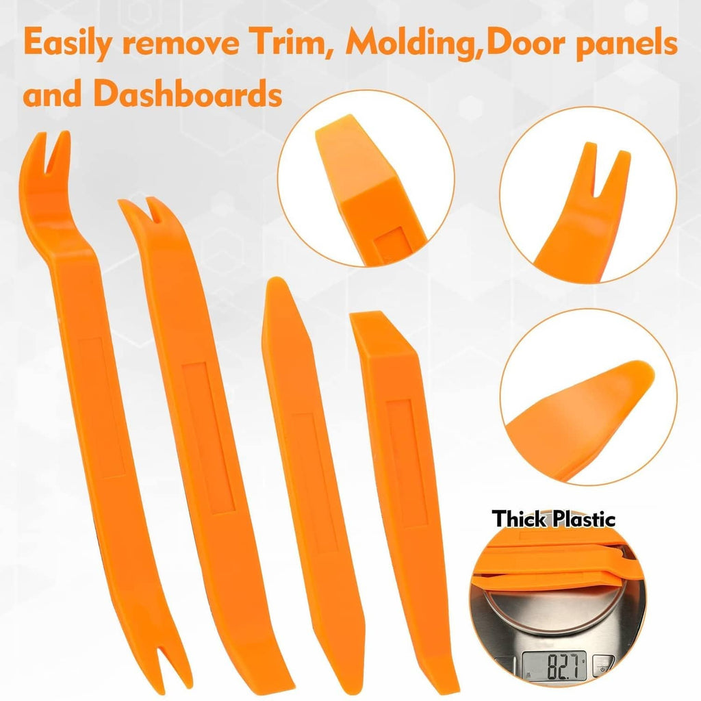Orange plastic trim removal pry tools for door panels and dashboards infographic