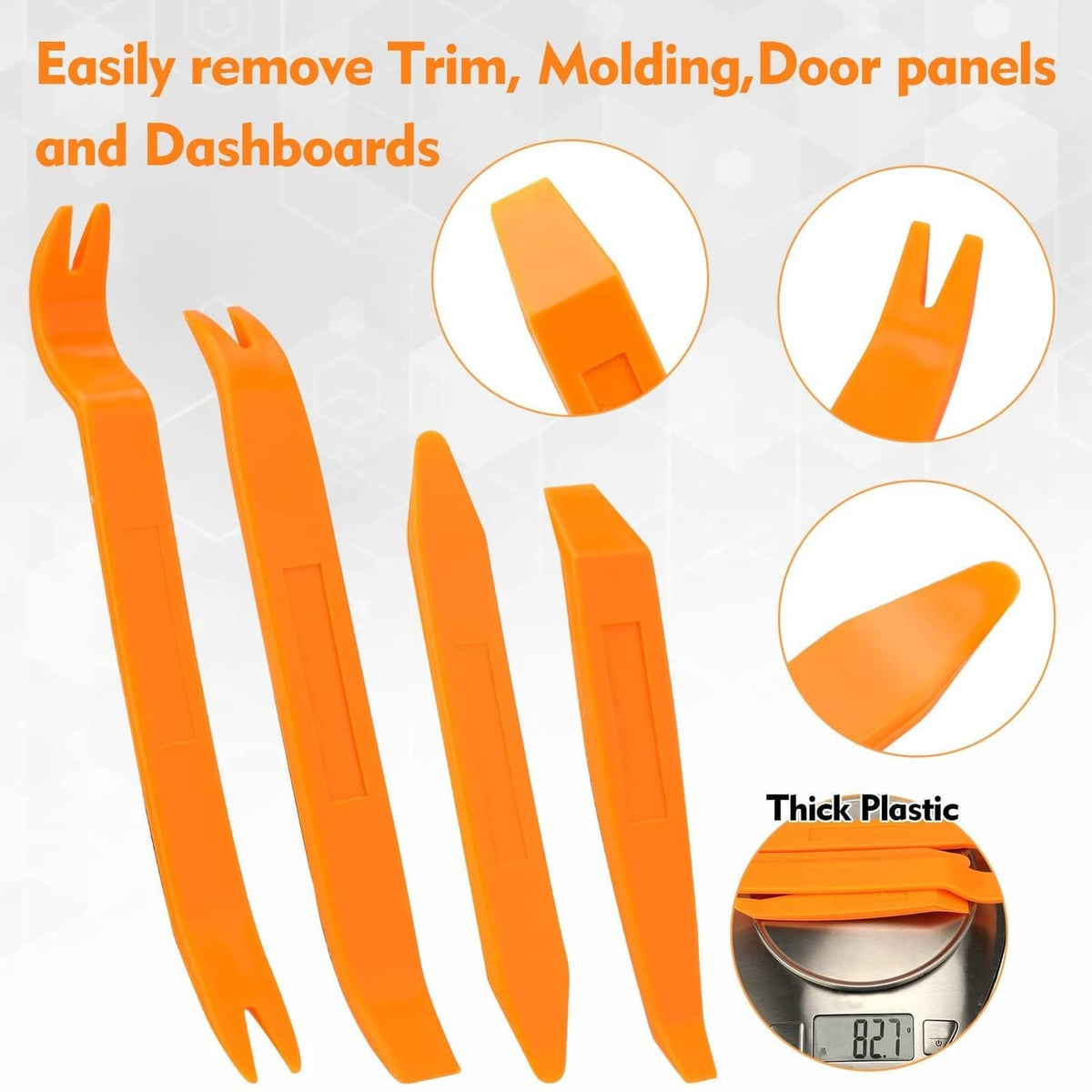 Orange plastic trim removal pry tools for door panels and dashboards infographic