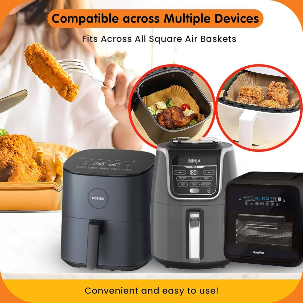 Air fryer paper liners for square air baskets, shown with multiple fryer types
