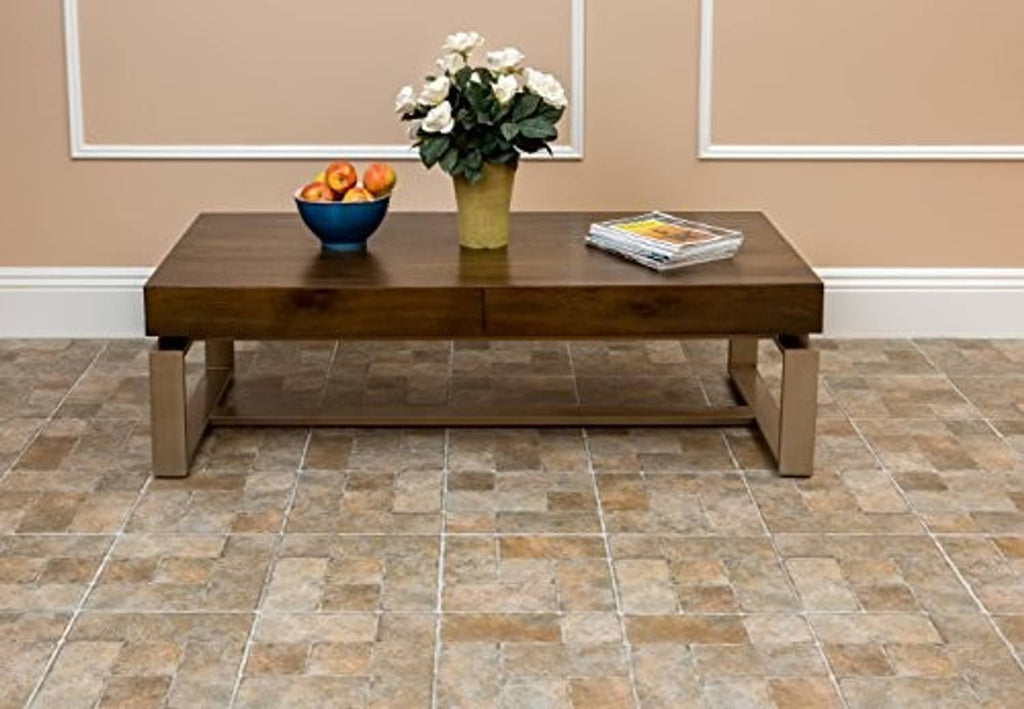 Installed stone-look vinyl floor tiles in warm brown and beige on indoor floor