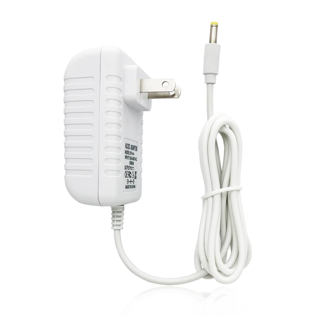 White power adapter with two-prong plug and long charging cable with DC tip