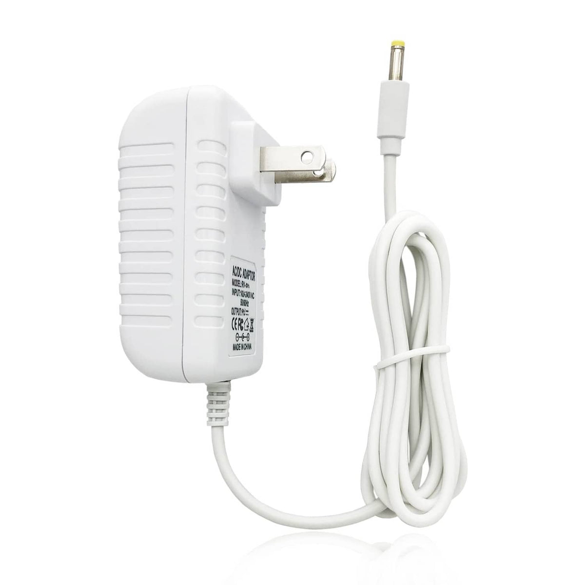 White power adapter with two-prong plug and long charging cable with DC tip